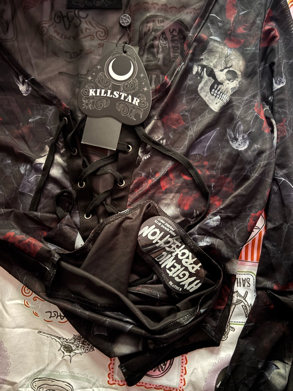 Killstar Black & Red Skull Rose Lace-Up Mesh Bodysuit - Picture 4 of 9